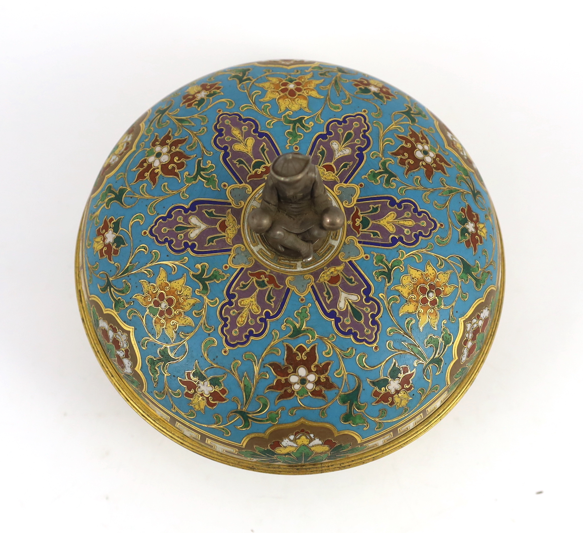 An unusual Elkington & Co. champlevé enamel chinoiserie dish and cover, c.1875, model no. 344